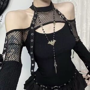 🌈 SOLD🌈 Goth Punk Grunge Cold Shoulder Fishnet Bondage Top